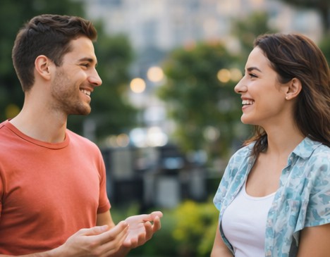People having a friendly conversation outdoors